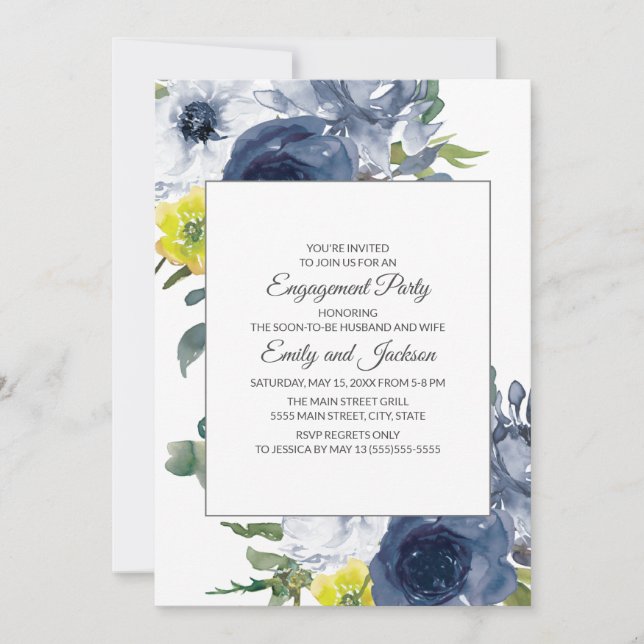 Navy Blue Yellow White Floral Engagement Invitation (Front)