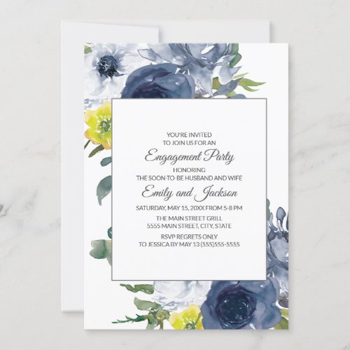 Navy Blue Yellow White Floral Engagement Invitation