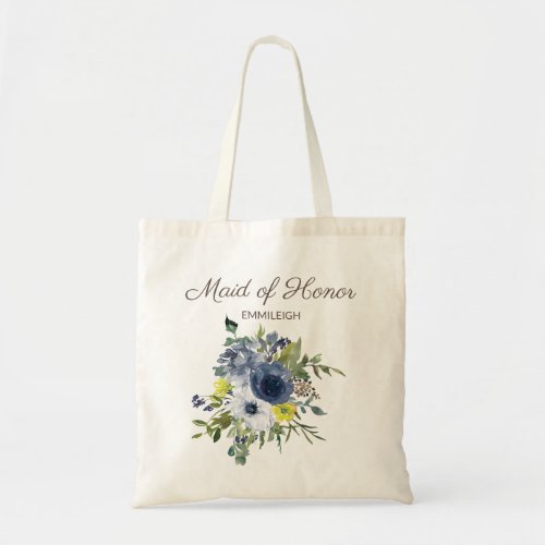 Navy Blue Yellow White Floral Maid of Honor Tote Bag