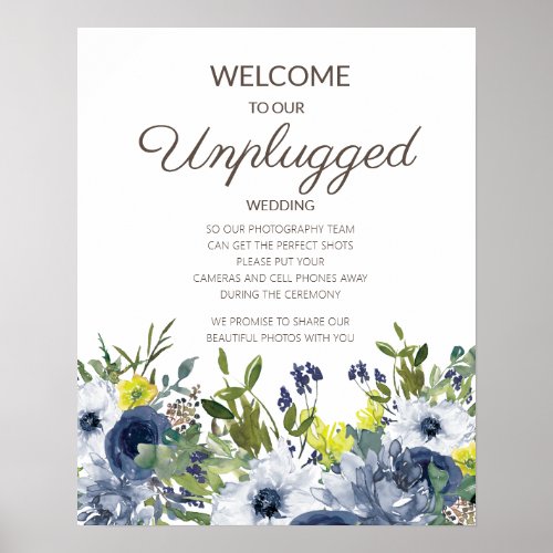 Navy Blue Yellow White Floral Unplugged Wedding Poster