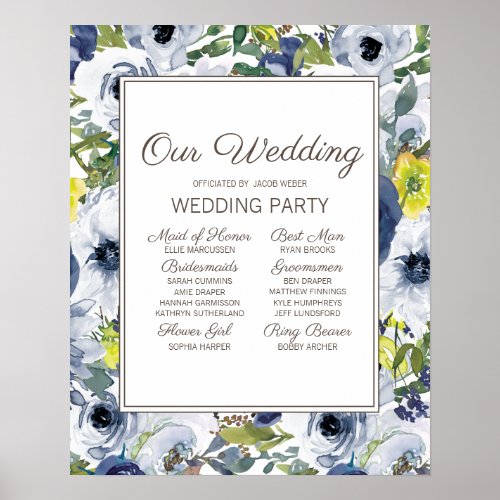 Navy Blue Yellow White Floral Wedding Party Poster