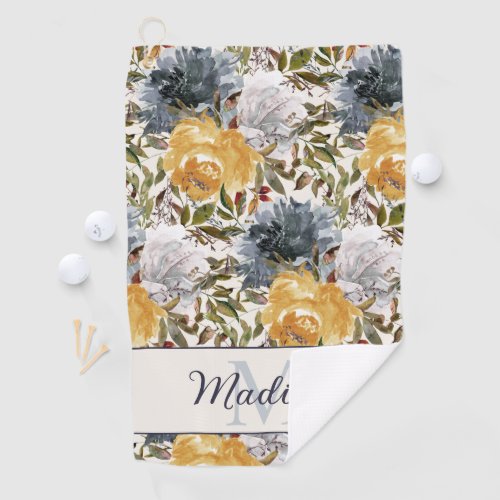 Navy Blue Yellow White Watercolor Floral Monogram  Golf Towel
