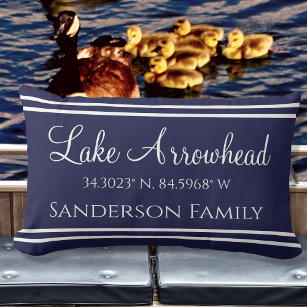 Navy Blue Your Lake and Family Name  Map Corinates Lumbar Pillow