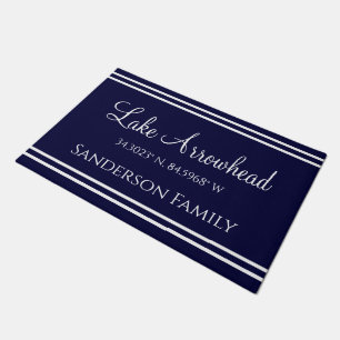 Navy Blue Your Lake Family Name  Map Coordinates Doormat
