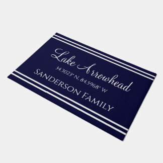 Navy Blue Your Lake Family Name Map Coordinates Doormat
