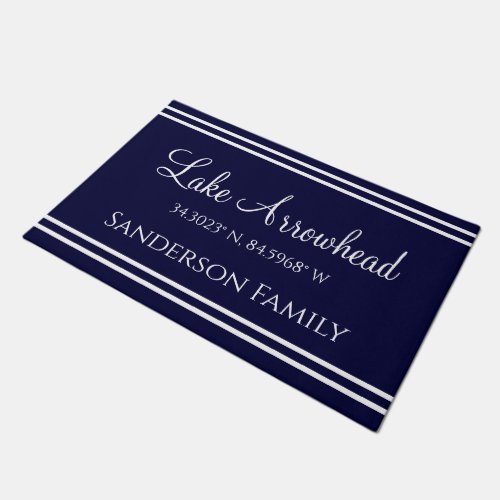 Navy Blue Your Lake Family Name  Map Coordinates Doormat