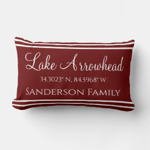 Navy Blue Your Lake Family Name  Map Coordinates L Lumbar Pillow