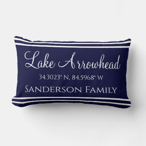 Navy Blue Your Lake Family Name  Map Coordinates Lumbar Pillow