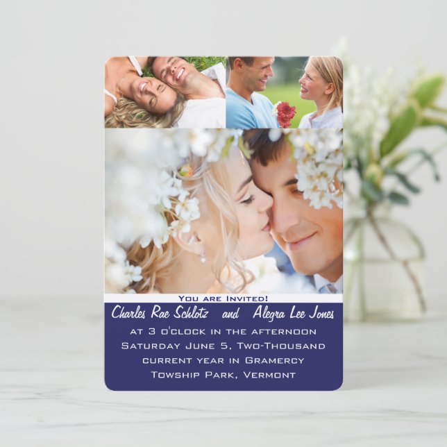 Navy Blue Your Photo Wedding Invitation (Standing Front)
