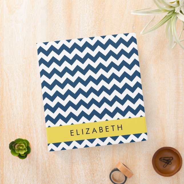 Navy Blue Zigzag, Navy Blue Chevron, Your Name 3 Ring Binder (In Situ)