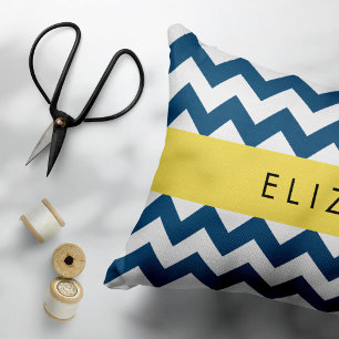 Navy Blue Zigzag, Navy Blue Chevron, Your Name Accent Pillow