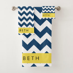 Navy Blue Zigzag, Navy Blue Chevron, Your Name Bath Towel Set
