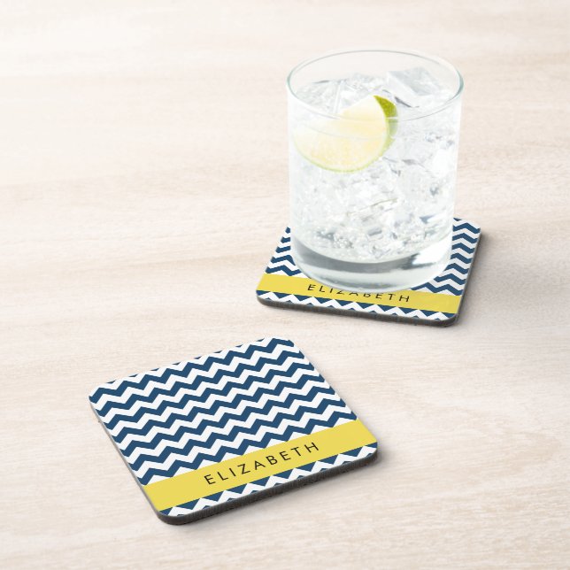 Navy Blue Zigzag, Navy Blue Chevron, Your Name Beverage Coaster (Right Side)