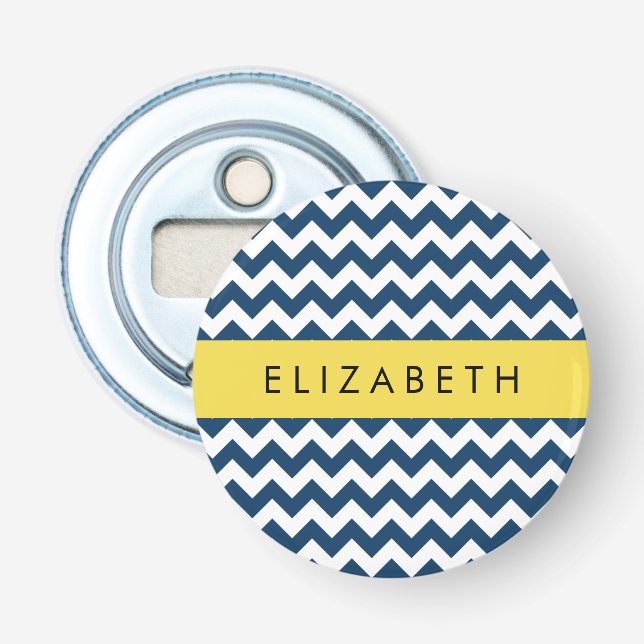 Navy Blue Zigzag, Navy Blue Chevron, Your Name Bottle Opener (Front)