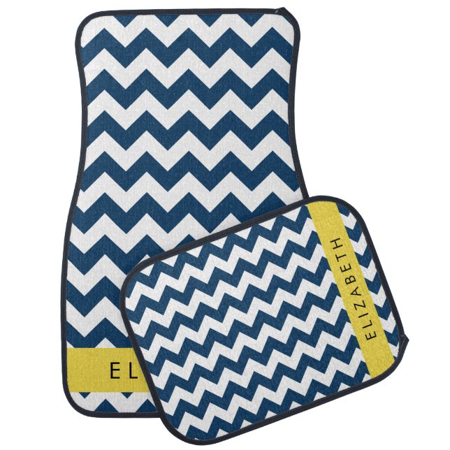 Navy Blue Zigzag, Navy Blue Chevron, Your Name Car Floor Mat (Set)