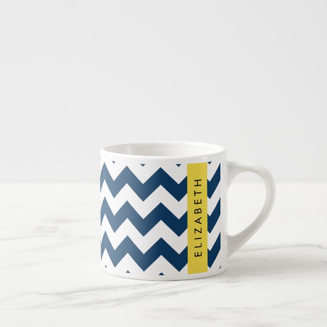 Navy Blue Zigzag, Navy Blue Chevron, Your Name Espresso Cup (Right)