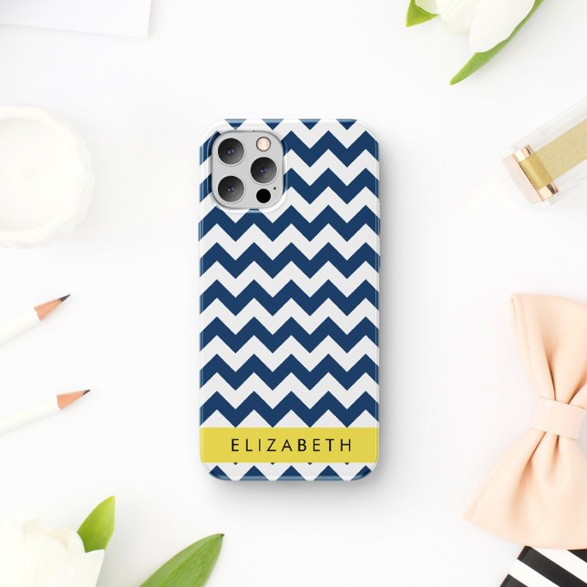 Navy Blue Zigzag, Navy Blue Chevron, Your Name iPhone Case (Creator Uploaded)