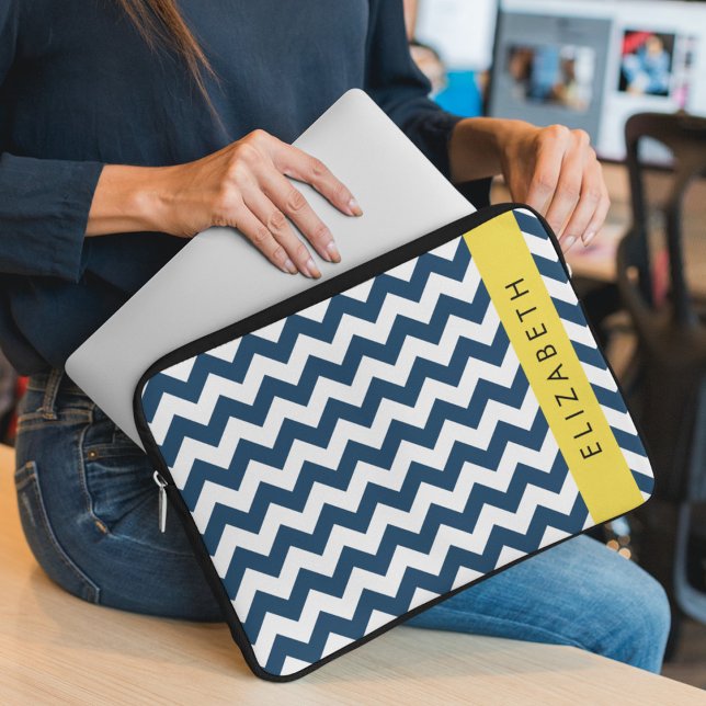 Navy Blue Zigzag, Navy Blue Chevron, Your Name Laptop Sleeve (Creator Uploaded)