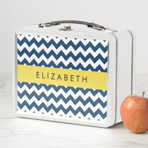 Navy Blue Zigzag Navy Blue Chevron Your Name Metal Lunch Box