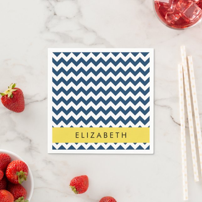 Navy Blue Zigzag, Navy Blue Chevron, Your Name Napkins (Insitu)