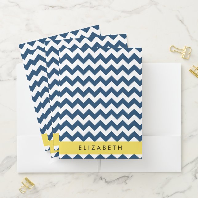 Navy Blue Zigzag, Navy Blue Chevron, Your Name Pocket Folder (In Situ)