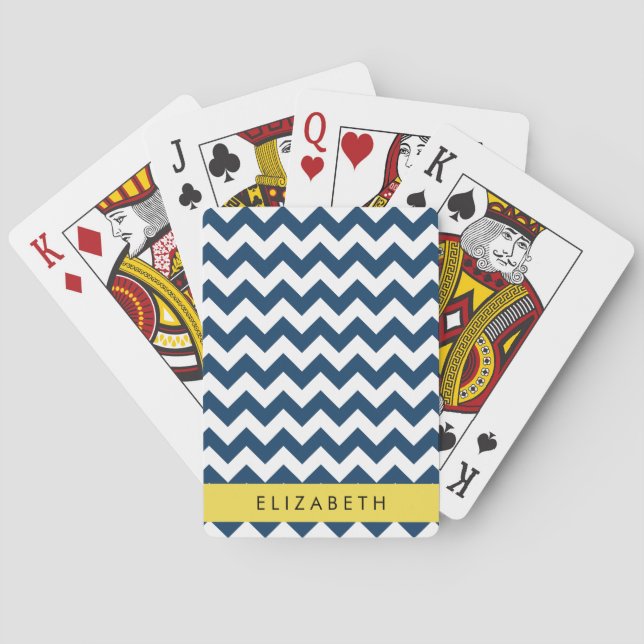 Navy Blue Zigzag, Navy Blue Chevron, Your Name Poker Cards (Back)
