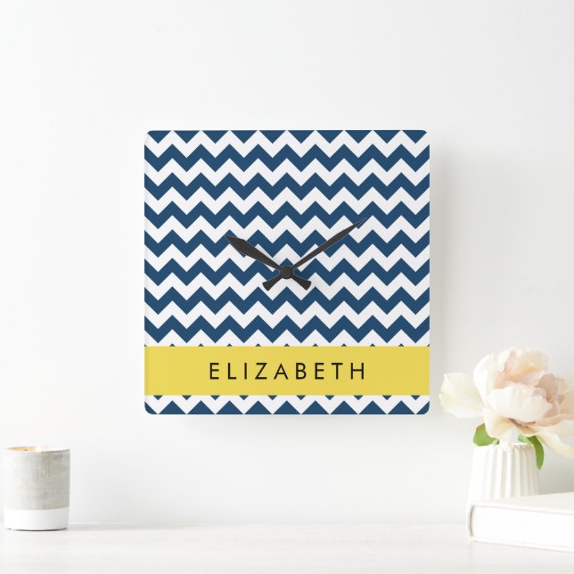 Navy Blue Zigzag, Navy Blue Chevron, Your Name Square Wall Clock (Home)