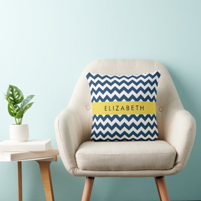 Navy Blue Zigzag, Navy Blue Chevron, Your Name Throw Pillow (Chair)