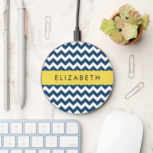 Navy Blue Zigzag Navy Blue Chevron Your Name Wireless Charger