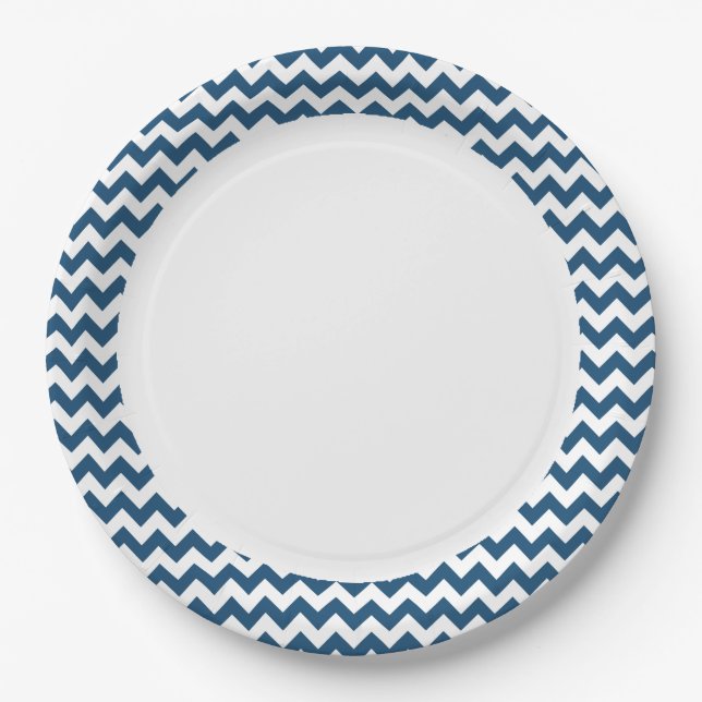 Navy Blue Zigzag Stripes Chevron Pattern Paper Plates (Front)