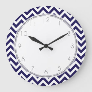Navy Blue Zigzag Stripes Pattern Large Clock
