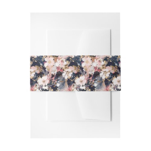 Navy  Blush Abstract Flowers Wedding Invitation Belly Band