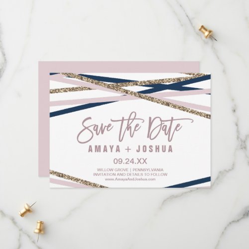 Navy Blush and Gold Streamers Save the Date Card