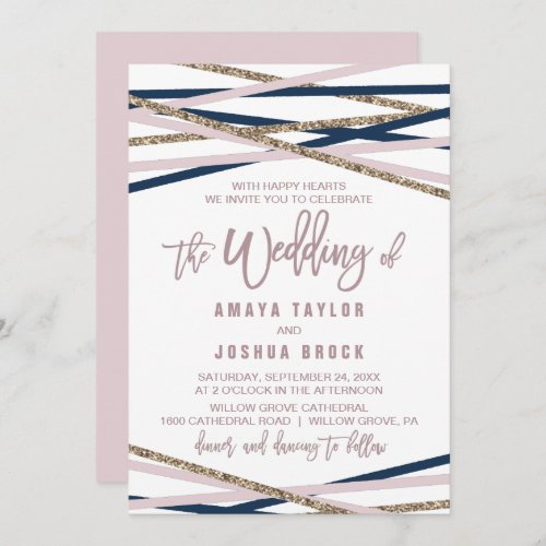Navy Blush and Gold Streamers The Wedding Of Invitation