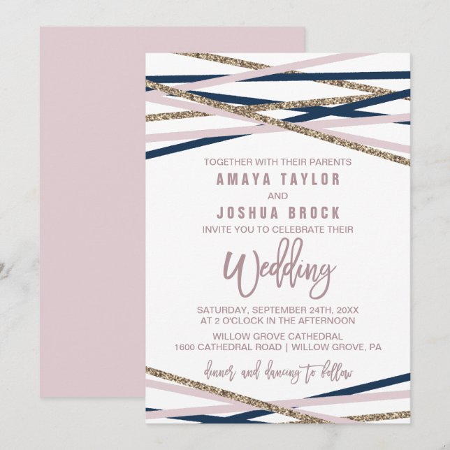 Navy Blush and Gold Streamers Wedding Invitation (Front/Back)