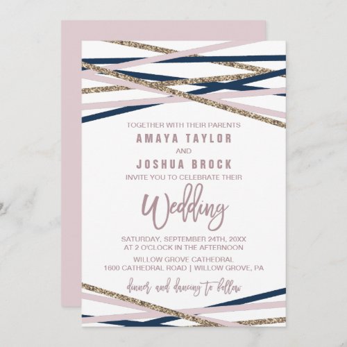 Navy Blush and Gold Streamers Wedding Invitation