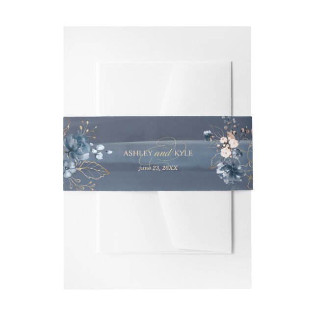 Navy, Blush and Gold with Floral Accent Invitation Belly Band (Front Example)