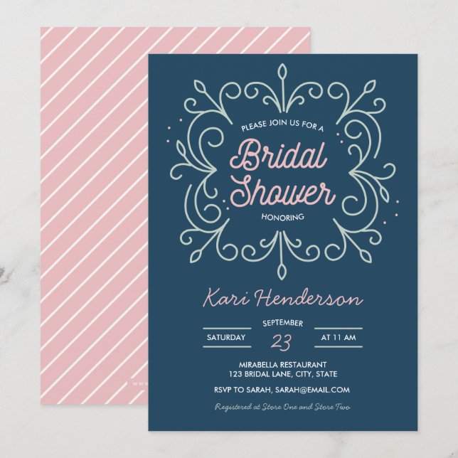 Navy Blush and Mint Bridal Shower Invitation (Front/Back)