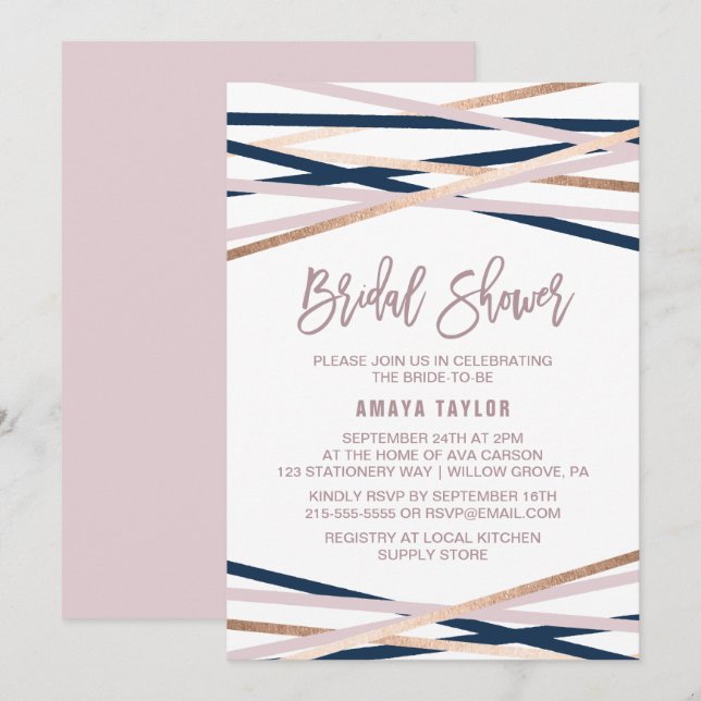 Navy Blush and Rose Gold Streamers Bridal Shower Invitation (Front/Back)
