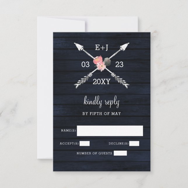 Navy Blush Barn wood country chic wedding RSVP Card (Front)