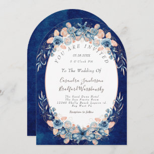 Navy Blush Beach Watercolor Shell Flower Wedding Invitation
