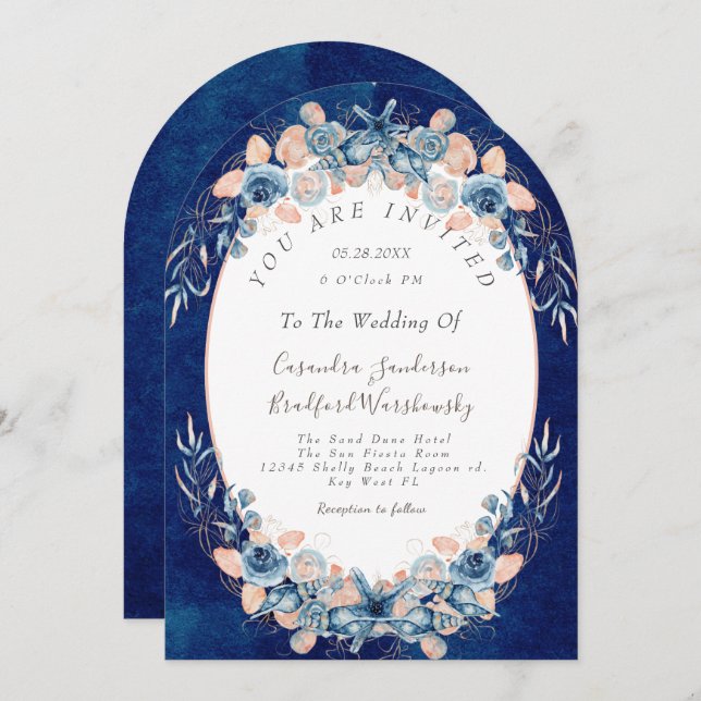 Navy Blush  Beach Watercolor Shell Flower Wedding Invitation (Front/Back)