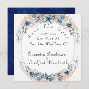 Navy Blush Beach Watercolor Shell Flower Wedding Save The Date