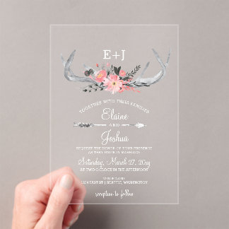 Navy Blush Blooming Antlers Country Chic Wedding Acrylic Invitations