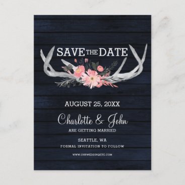 Navy  blush blooming antlers country chic wedding announcement postcard