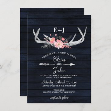 Navy Blush Blooming Antlers Country Chic Wedding Invitation