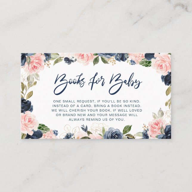 Navy & blush blooms floral books for baby card (Front)