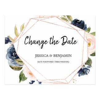 Navy Blush Blossom Floral Change the Date Postcard