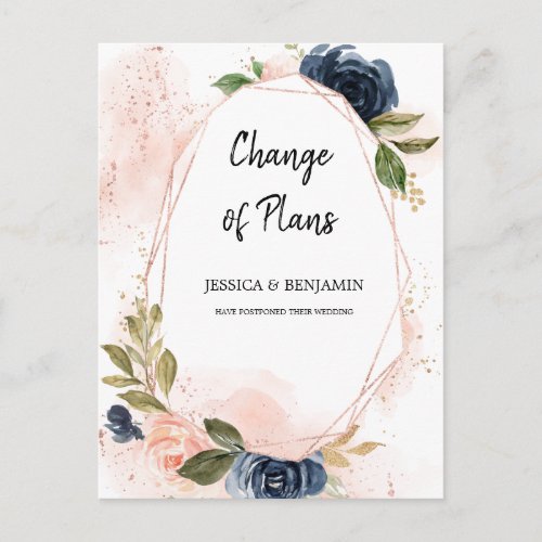 Navy Blush Blossom Floral Change the Date Postcard
