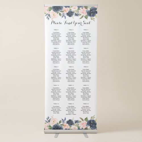 Navy Blush Blossom Floral Seating Chart Retractable Banner